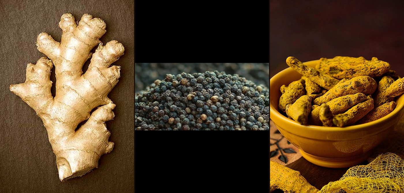 Wayanad ginger, fresh green-and-red peppercorns, and turmeric fingers